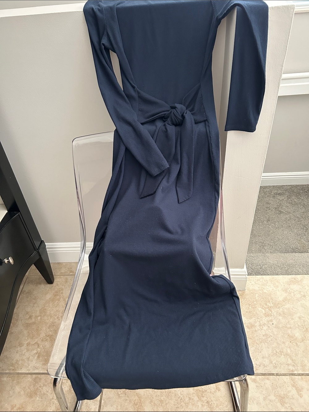 Aqua Navy Ribbed Long-Sleeve Tie-Waist Maxi Dress